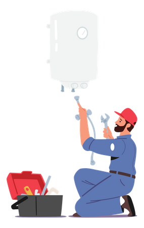 Plumber fixing the issue with the water heater  Illustration