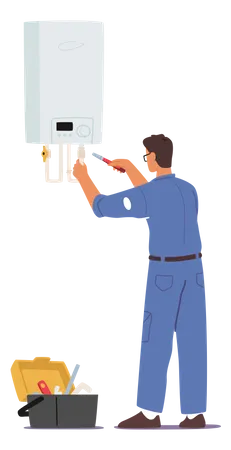 Plumber fixing water geyser  イラスト