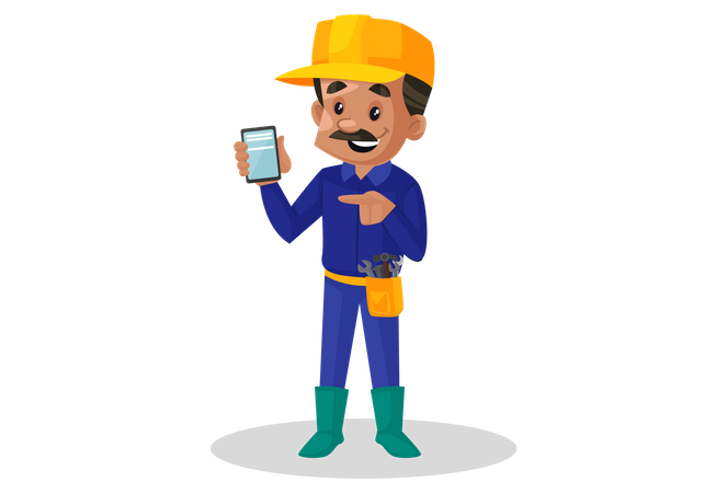 Plumber holding mobile in his hand  Illustration