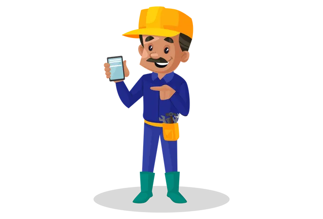 Plumber holding mobile in his hand  Illustration