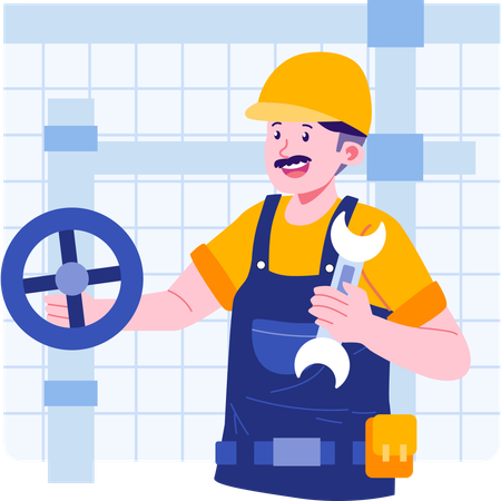 Plumber holding wrench and repairing pipe  Illustration