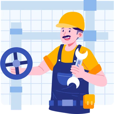 Plumber holding wrench and repairing pipe  Illustration
