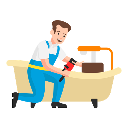 Plumber installing a bathtub in the bathroom  Illustration