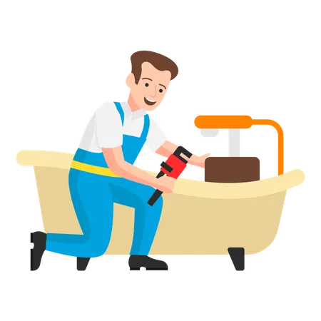 Plumber installing a bathtub in the bathroom  Illustration