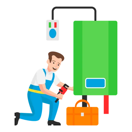 Plumber installing a water heater with the assistance of tools  Illustration