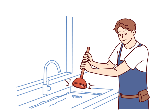 Plumber is using plunger to clear water blockage  Illustration
