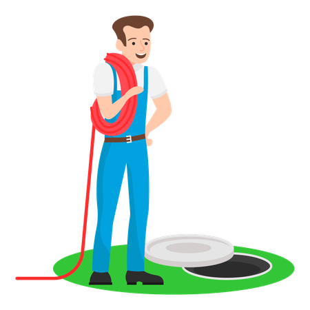 Plumber placing a pipe into a hole to create clearance  Illustration