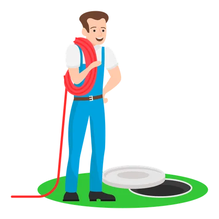 Plumber placing a pipe into a hole to create clearance  Illustration