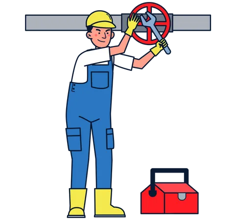 Plumber repairing pipe valve  Illustration