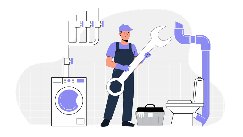 Plumber repairing pipe while holding spanner  Illustration