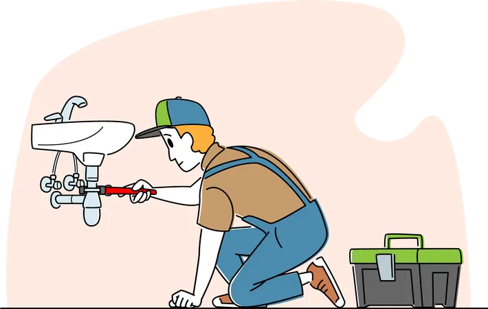 Handy Man Character In Blue Overalls And Cap Fixing Broken Sink In Bathroom Husband For An Hour Home Repair Service Call Master Fix Sanitary At Work Plumber Occupation Linear Vector Illustration Illustration