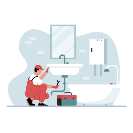 Plumber repairing sink drainage pipe  Illustration