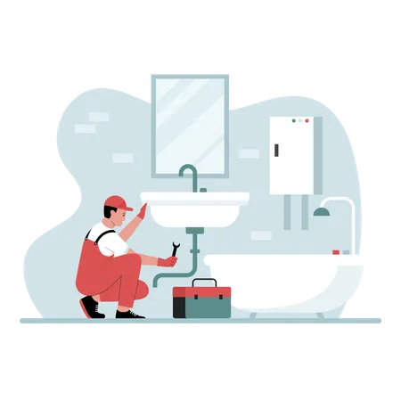 Plumber repairing sink drainage pipe  Illustration