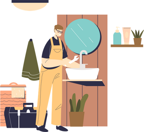 Plumber repairing sink in modern bathroom  Illustration