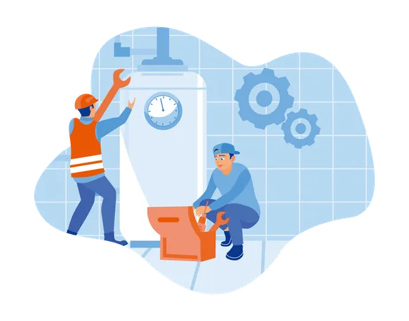 Plumber Repairs Broken Water Heater  Illustration