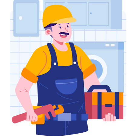 Plumber standing with toolkit  Illustration