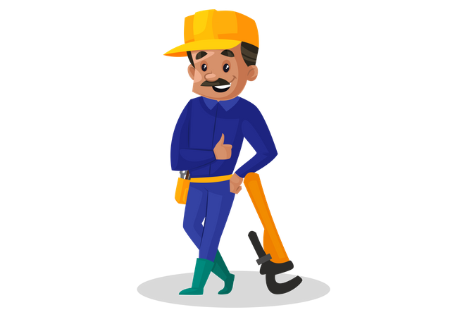 Plumber standing with wrench hammer Illustration