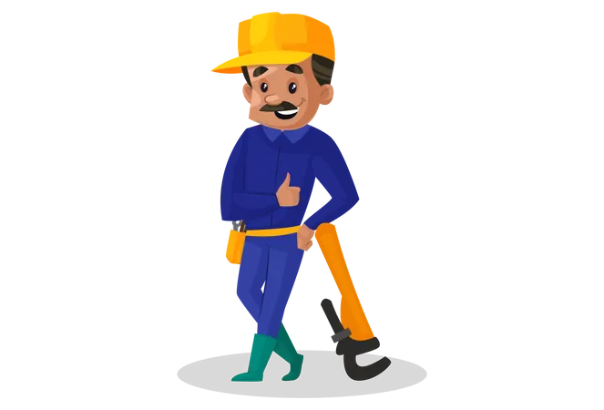 Plumber standing with wrench hammer  Illustration