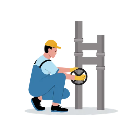 Plumber turning on valve  Illustration