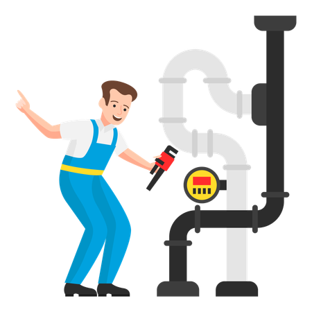 Plumber using a pipe gauge to repair a pipe leak  Illustration