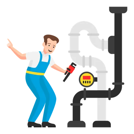 Plumber using a pipe gauge to repair a pipe leak  Illustration