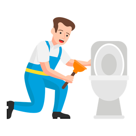 Plumber using a plunger to clear a blockage in the commode  Illustration