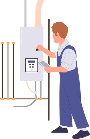 Plumber worker character in uniform repairing broken gas boiler water heater with tools  Illustration