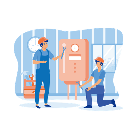 Plumber worker repairs broken water heater  Illustration