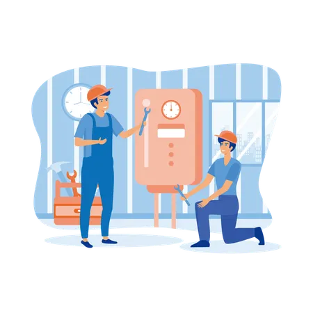 Plumber worker repairs broken water heater  Illustration