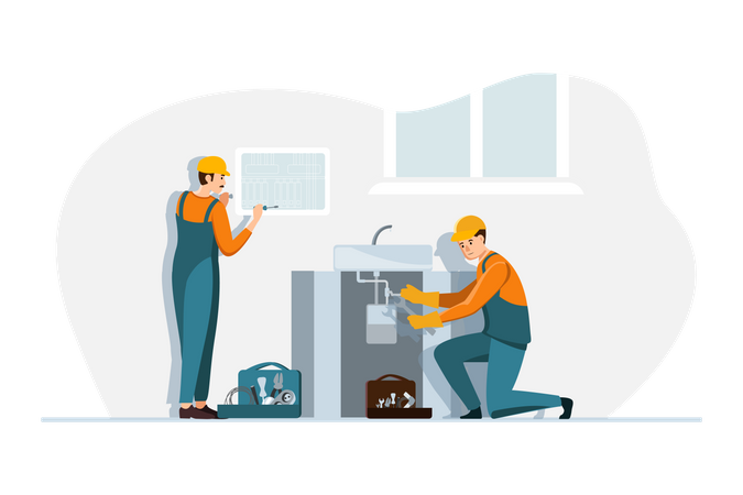 Plumber workers working in the home Illustration