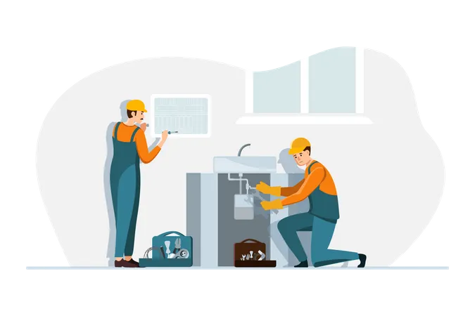 Plumber workers working in the home Illustration