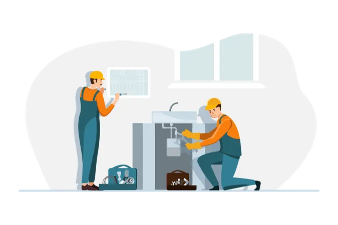 Plumber workers working in the home  Illustration