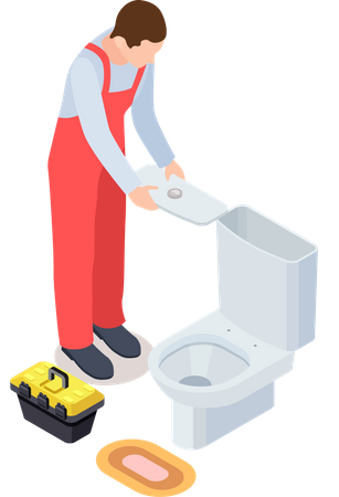 Plumber working on toilet  イラスト