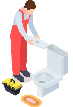 Plumber working on toilet  イラスト
