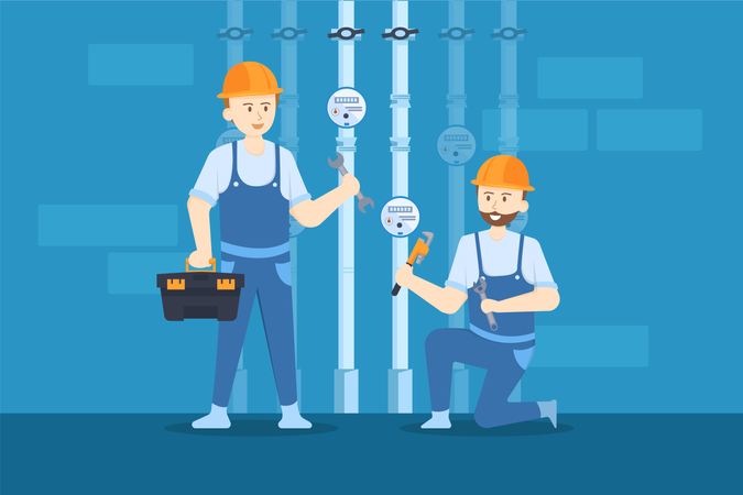 Plumbers are checking and fixing the pressure valves of the pipes  Illustration