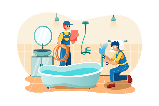 Plumbers fixing bathtub pipe Illustration