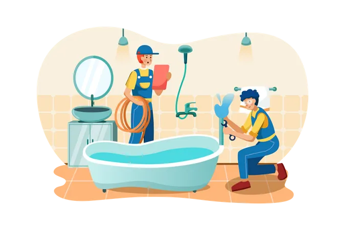 Plumbers fixing bathtub pipe Illustration