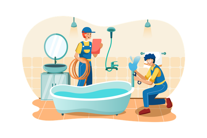 Plumbers fixing bathtub pipe  Illustration