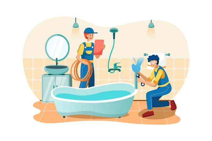 Plumbers fixing bathtub pipe  Illustration