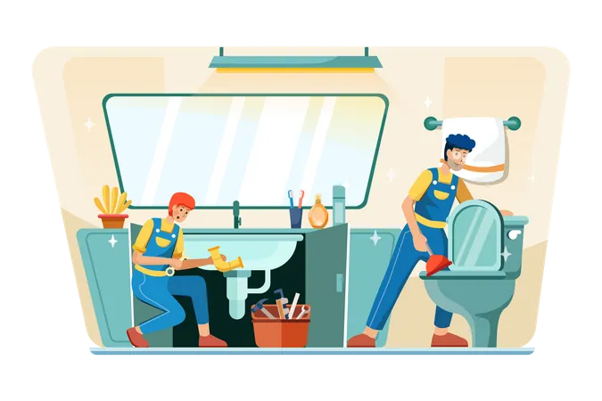 Plumbers repairing pipe and cleaning toilet Illustration