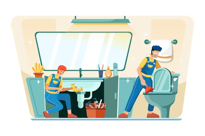 Plumbers repairing pipe and cleaning toilet  Illustration