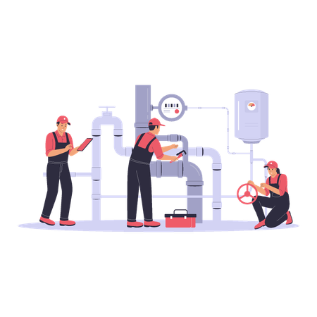 Plumbers Working on Pipes with Toolbox and Pressure Gauge  Illustration