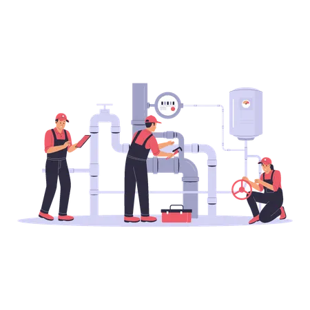 Plumbers Working on Pipes with Toolbox and Pressure Gauge  Illustration
