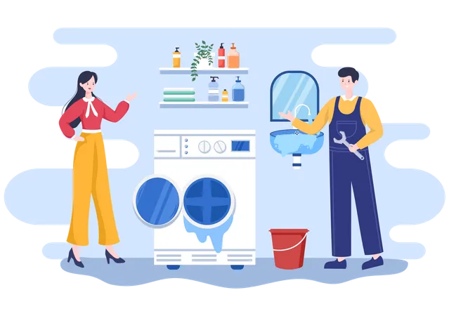Plumbing Service With Plumber Workers Repair Maintenance Fix Home And Cleaning Bathroom Equipment In Flat Background Illustration Illustration