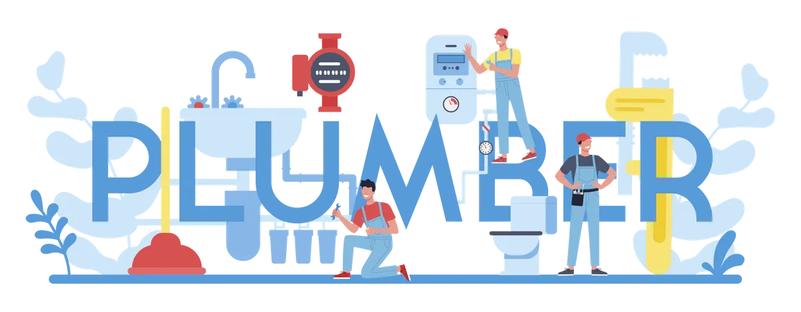 Plumber And Plumbing Service Typographic Header Concept Professional Repair And Cleaning Of Plumbing And Bathroom Equipmen Vector Illustration イラスト