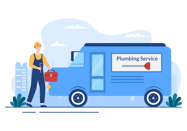 Plumbing Service With Plumber Workers Repair Maintenance Fix Home And Cleaning Bathroom Equipment In Flat Background Illustration Illustration