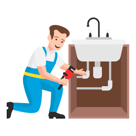 Plumbing specialist tightening a washbasin and attaching water pipes using a wrench  Illustration