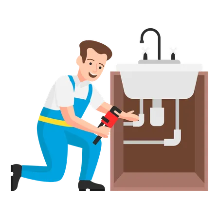 Plumbing specialist tightening a washbasin and attaching water pipes using a wrench  Illustration