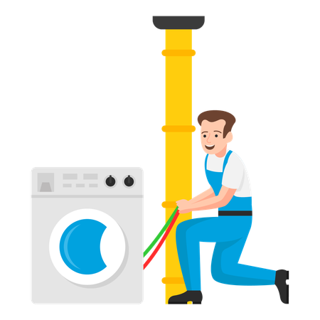 Plumbing specialist troubleshooting and restoring the laundry machine’s functionality  Illustration