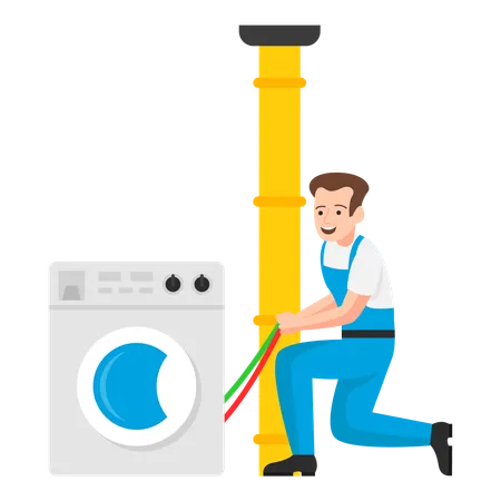 Plumbing specialist troubleshooting and restoring the laundry machine’s functionality  Illustration